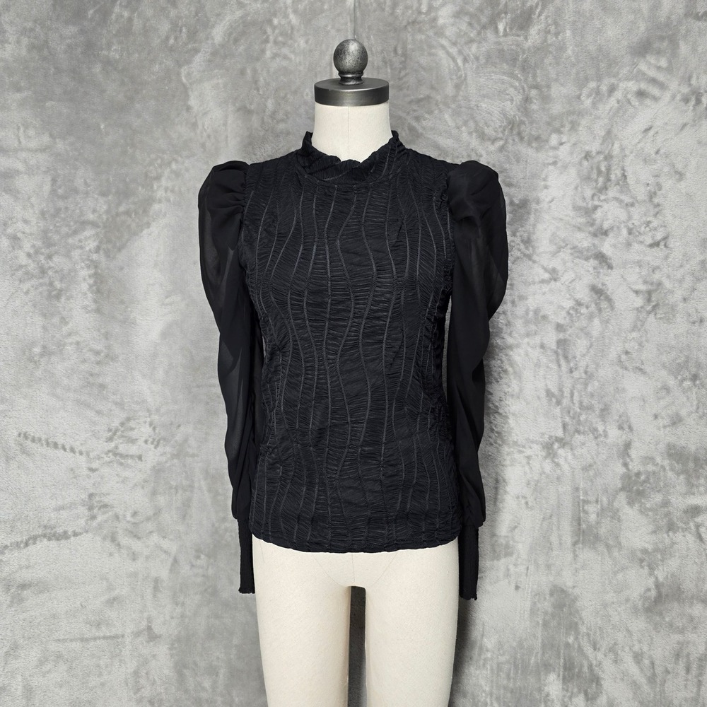 Nicole Miller Top Women S Black Smocked Sheer Puff Victorian Regency Goth Mock